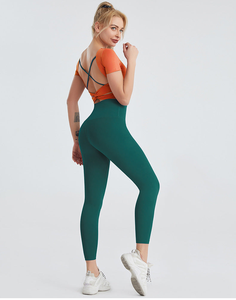Conjunto de yoga para mujer: top espalda descubierta + leggings tiro alto (realce de glúteos)