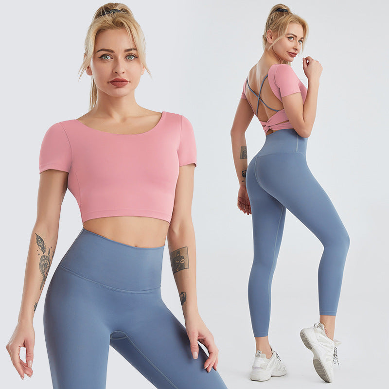 Conjunto de yoga para mujer: top espalda descubierta + leggings tiro alto (realce de glúteos)