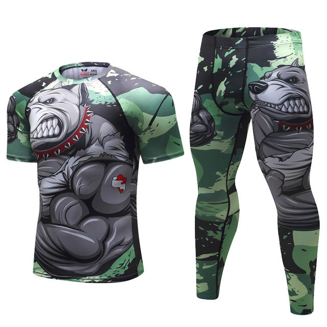 Conjunto deportivo para hombre de compresión (camiseta + pantalón) — estampado animal