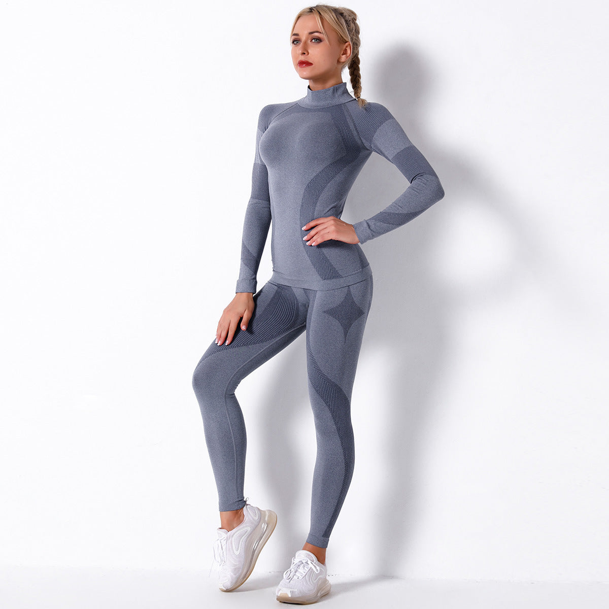 Conjunto de Yoga de Manga Larga a Rayas Tejidas con Tecnología Absorbente