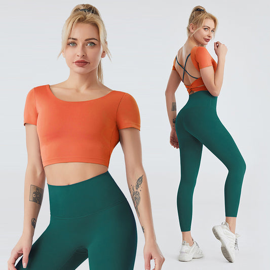 Conjunto de yoga para mujer: top espalda descubierta + leggings tiro alto (realce de glúteos)